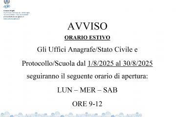 Orario estivo Uffici Anagrafe/Stato civile e Protocollo/Scuola